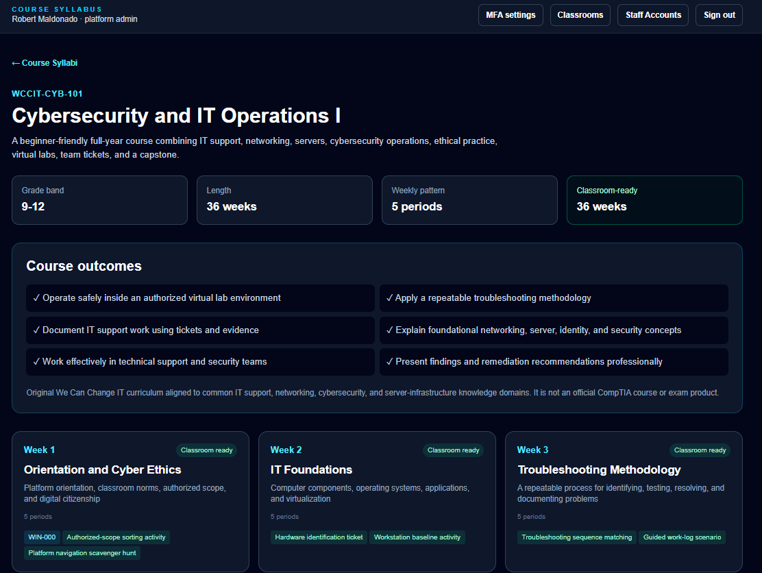 We Can Change IT Cybersecurity and IT Operations I course syllabus showing a 36-week curriculum, course outcomes, and weekly learning modules.