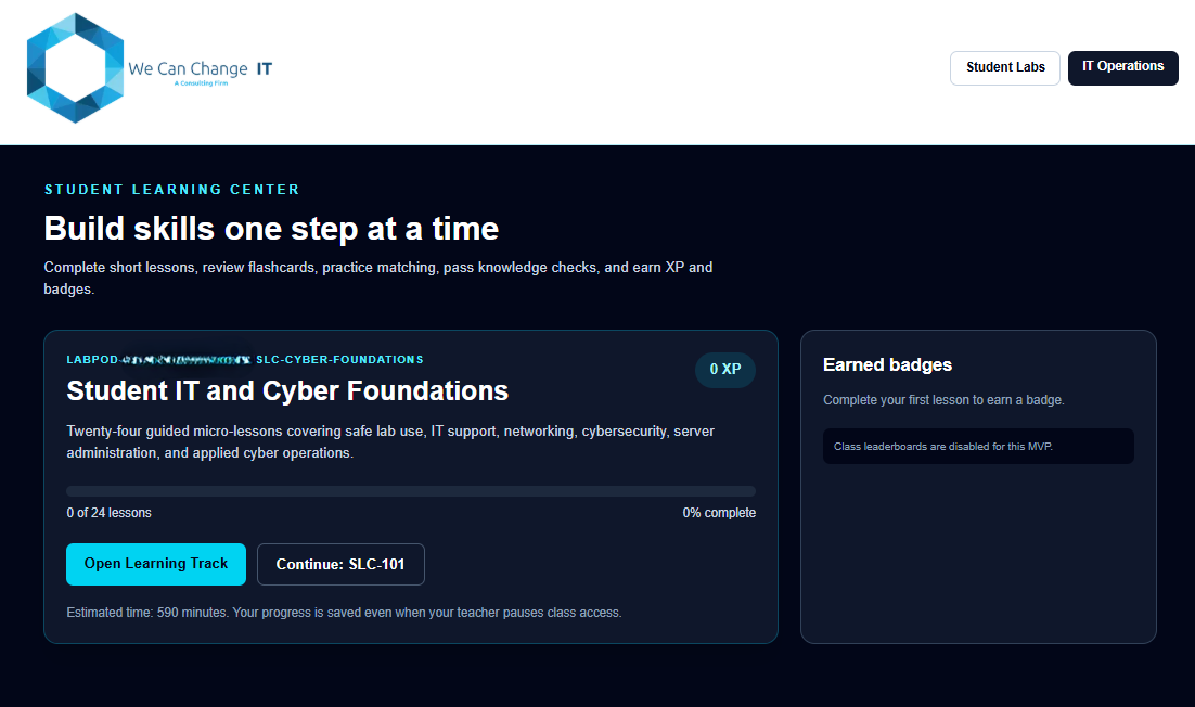 We Can Change IT Student Learning Center showing guided IT and cybersecurity lessons, progress, and earned badges.